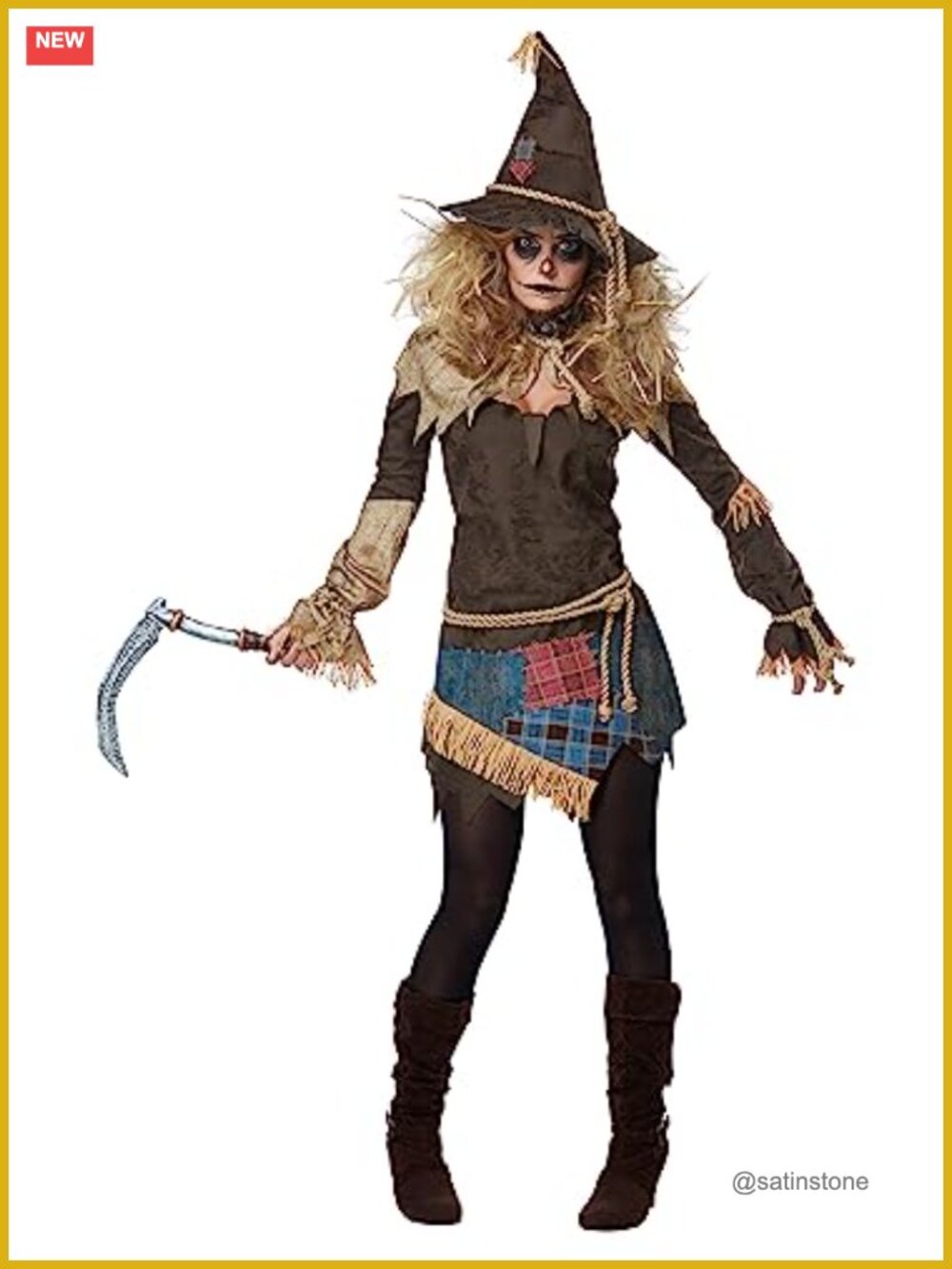 Creepy Scarecrow Costume Knit Tunic Rope Belt Scythe